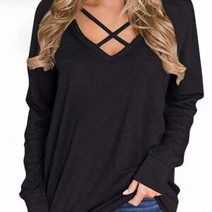 Genhoo Black Long Sleeve crisscross Top sweatshirt XL